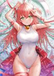  1girl absurdres ahoge armpits bangs bell blush breasts covered_navel green_eyes hair_between_eyes hair_ornament hairclip highres hololive large_breasts long_hair looking_at_viewer one-piece_swimsuit open_mouth partially_submerged pink_hair sakura_miko solo swimsuit uni_ikura virtual_youtuber 