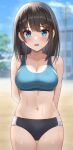  1girl absurdres arms_behind_back bangs black_shorts blue_eyes blue_sports_bra blurry blurry_background blush breasts brown_hair cleavage commentary_request cowboy_shot hair_ornament hairclip highleg_shorts highres hisui_(user_zvkr2432) large_breasts looking_at_viewer midriff navel open_mouth original outdoors short_shorts shorts solo sports_bra sweat 