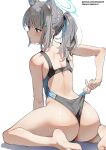  1girl animal_ear_fluff animal_ears ass back barefoot blue_archive blue_eyes blush clothes_pull cross_hair_ornament extra_ears fanbox_username from_behind grey_hair hair_ornament halo highres mismatched_pupils parted_lips patreon_username ponytail shiroko_(blue_archive) shiroko_(swimsuit)_(blue_archive) sidelocks simao_(x_x36131422) simple_background sitting solo swimsuit swimsuit_pull thighs web_address wedgie wet wet_hair white_background wolf_ears 