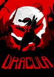  absurdres arm_up bow bram_stoker&#039;s_dracula cape clothed_pokemon commentary copyright_name full_moon highres limited_palette moon moon_behind_head no_humans open_mouth pokemon pokemon_(creature) powerandy red_theme salandit zubat 
