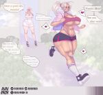  &lt;3 areola areola_slip azalea_(vanishingflower) bandage big_breasts blonde_hair blush bodily_fluids bottomwear breasts cleavage cleo_(vanishingflower) clothed clothing daughter dialogue dress duo english_text eyewear female footwear glasses green_eyes grin hair hi_res highlights_(coloring) human humanoid mammal mother mother_and_child mother_and_daughter muscular muscular_female nipple_outline orc outside parent parent_and_child pink_areola ponytail purple_highlights purse running rururaida shoes shorts skimpy smile socks speech_bubble standing sweat tan_body tan_skin text thick_thighs thong thought_bubble under_boob underwear 