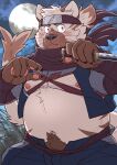  2022 anthro belly black_nose blush clothed clothing cute_fangs felid hi_res kemono male mammal moobs moon navel night ninja nipples outside overweight overweight_male ryuta-h solo warrior weapon 