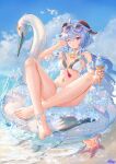  1girl absurdres ahoge air_bubble artist_name atdan bangs bare_legs barefoot bell bikini blue_hair breasts bubble cloud crossed_ankles day eyewear_on_head feet food full_body ganyu_(genshin_impact) genshin_impact hair_between_eyes hand_up highres holding holding_food horns ice_cream ice_cream_cone inflatable_toy innertube long_hair looking_at_viewer medium_breasts navel neck_bell one_eye_closed outdoors parted_lips purple_eyes revision sitting slime_(genshin_impact) solo starfish stomach sunglasses swimsuit tassel toes very_long_hair water white_bikini 