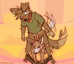 2025 anthro assisted_exposure balls between_legs biped bottomwear bottomwear_down brown_body brown_fur canid canine canis cantio_(lawyerdog) clothed clothing collar coyote cute_fangs digital_media_(artwork) domestic_dog duo fangs flaccid fur genitals humanoid_genitalia humanoid_penis lawyerdog male male/male male_anthro mammal matt_riskely multicolored_body multicolored_fur pants pants_down pantsing partially_clothed penis smile tail tail_motion tailwag teeth white_body white_fur