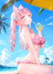  1girl absurdres ahoge animal_ears bandaid bandaid_hair_ornament bare_shoulders beach bikini bird blue_sky blush bow braid breasts cat_ears cat_girl closed_mouth cloud cloudy_sky crossed_bandaids cup day drinking drinking_straw extra_ears fingernails frilled_bikini frills ghost_hair_ornament gradient-tinted_eyewear grey-framed_eyewear hair_bow hair_ornament heart heart_hair_ornament highres holding holding_cup ice ice_cube indie_virtual_youtuber large_breasts long_hair monyu_tennyo mountainous_horizon nail_polish navel ocean outdoors palm_tree pink-tinted_eyewear pink_bikini pink_eyes pink_hair pink_nails sand seagull seiza sitting sky solo stomach swimsuit thighs tinted_eyewear tree twintails twitter_username virtual_youtuber yuuki_sakuna 
