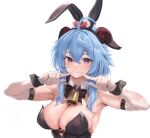  1girl ahoge aimu_(angry9565) alternate_costume animal_ears armpits arms_up bangs bare_shoulders bell black_bow black_bowtie blue_hair blush bow bowtie breasts cleavage collar crossed_bangs detached_collar elbow_gloves fake_animal_ears fingers_to_cheeks ganyu_(genshin_impact) genshin_impact gloves goat_horns hair_between_eyes highres horns large_breasts leotard long_hair neck_bell playboy_bunny rabbit_ears simple_background smile solo strapless strapless_leotard unfinished upper_body white_background white_collar wrist_cuffs 