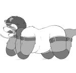  2022 anthro belly bodily_fluids canid canine chastity_cage chastity_device collar jackboot_ihi leash male mammal overweight raccoon_dog sad solo sweat tanuki young 