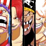  anger_vein beard black_hair buggy_the_clown clown clown_nose evil_smile facial_hair gear_fifth grin hat highres long_hair looking_at_another male_focus marshall_d._teach missing_teeth monkey_d._luffy multiple_boys one_piece open_clothes open_mouth pectorals red_hair scar scar_across_eye scar_on_chest scar_on_face shanks shirt short_hair signature smile tacchan56110 tattoo veins white_hair 