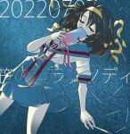  1girl blue_background blue_sailor_collar blue_skirt brown_hair closed_eyes covering_mouth dated dress hair_between_eyes hair_ribbon hairband holding holding_pen kita_high_school_uniform loose_neck_ribbon medium_hair pen pink_ribbon pleated_dress praying red_ribbon ribbon sailor_collar school_uniform shiko_jumpa short_sleeves skirt suzumiya_haruhi suzumiya_haruhi_no_yuuutsu tanabata yellow_hairband 