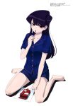  1girl absurdres barefoot black_eyes black_hair blue_pants blue_shirt breasts feet food highres komi-san_wa_komyushou_desu komi_shouko long_hair looking_at_viewer matsuoka_ken medium_breasts megami_magazine official_art pajamas pants pocky shirt simple_background solo 