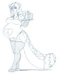  4_toes ahoge anthro belly beverage braided_hair breasts chest_tuft claws cleavage clothed clothing container cup cute_fangs derrysome drinking_glass feet felid female fishnet fishnet_armwear fishnet_legwear fishnet_thigh_highs fluffy fluffy_tail glass glass_container glass_cup hair hand_on_leg hand_on_thigh heart_cutout hi_res holding_object holding_tray inner_ear_fluff ivory_(ghostlywafflez) legwear leotard long_hair looking_at_viewer mammal markings monochrome navel pantherine paws pregnant pregnant_female simple_background sketch smile snow_leopard solo spots standing straw striped_markings striped_tail stripes tail_markings thick_thighs tight_clothing toe_claws toes tuft waiter white_background 