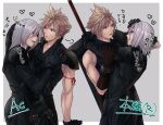  2boys arm_ribbon armor arms_around_neck beckey9415 black_gloves black_jacket black_pants black_shirt blonde_hair border buster_sword cloud_strife final_fantasy final_fantasy_vii final_fantasy_vii_advent_children final_fantasy_vii_remake gloves grey_background grey_hair grin hair_between_eyes hand_on_another&#039;s_arm hand_on_another&#039;s_chest hand_on_another&#039;s_head heart high_collar highres jacket kadaj long_sleeves looking_at_another male_focus medium_hair multiple_boys muscular muscular_male open_collar pants parted_lips pink_ribbon ribbon shirt short_hair shoulder_armor sleeveless sleeveless_shirt sleeveless_turtleneck smile spiked_hair strap sweatdrop teeth turtleneck weapon weapon_on_back yaoi 