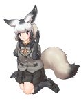  1girl animal_ears bat-eared_fox_(kemono_friends) black_bow black_bowtie black_footwear black_gloves black_hair black_skirt black_socks blush bow bowtie brown_eyes collared_shirt elbow_gloves extra_ears fox_ears fox_girl fox_tail fur_trim gloves grey_hair grey_jacket highres jacket kemono_friends listening loafers long_sleeves looking_at_viewer multicolored_hair orange_shirt pleated_skirt shirt shoes short_hair skirt socks solo tail uf34a 