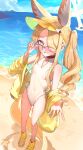  1girl absurdres adjusting_eyewear animal_ear_fluff animal_ears ass_visible_through_thighs bare_shoulders beach blonde_hair blue_archive blue_sky breasts bright_pupils casual_one-piece_swimsuit clothing_cutout cloud commentary_request covered_navel cross_halo day diamond_cutout extra_ears eyelashes forehead fox_ears fox_girl fox_tail full_body hair_ornament hair_over_one_eye halo hand_up highres jacket jacket_partially_removed long_hair long_sleeves looking_at_viewer ocean official_alternate_costume official_alternate_hairstyle one-piece_swimsuit one_eye_covered open_clothes open_jacket open_mouth outdoors outstretched_hand pink-tinted_eyewear pink_eyes reaching reaching_towards_viewer seia_(blue_archive) seia_(swimsuit)_(blue_archive) shiraiyu side_ponytail sidelocks sky small_breasts smile solo sparkle standing star_(symbol) star_hair_ornament star_ornament sunglasses swimsuit tail thighs tinted_eyewear very_long_hair visor_cap wavy_hair wet white_one-piece_swimsuit white_pupils yellow-framed_eyewear yellow_halo yellow_jacket 