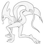  2020 3_toes all_fours anthro anus black_and_white butt feet female full-length_portrait genitals half-closed_eyes hi_res inteleon long_tail long_tongue looking_back monochrome narrowed_eyes nintendo pok&eacute;mon pok&eacute;mon_(species) portrait presenting presenting_hindquarters pussy rear_view scalie sketch soles solo toes tongue tongue_out video_games w4g4 