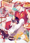  2boys absurdres ahoge america_(hetalia) axis_powers_hetalia black_hair blue_eyes blunt_ends border bowl burger buttons chocolate_donut closed_mouth collared_shirt commentary_request cup disposable_cup donut drink drinking_straw emblem employee_uniform english_text fast_food fast_food_uniform food french_fries gloves hand_up handkerchief highres holding holding_tray ice ice_cream ice_cube inline_skates japan_(hetalia) ketchup ketchup_bottle legs_up looking_at_viewer male_focus multiple_boys npyon old-fashioned_donut one_eye_closed open_mouth orange_eyes orange_hair outside_border pants pink_donut plate pocket red_shirt roller_skates shirt short_hair short_sleeves shorts sitting skates smile socks sparkle_background star_(symbol) sweatdrop tray visor_cap white_border white_gloves white_pants white_shorts white_socks 
