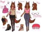  accessory angel_(lightsource) anthro bottomwear bracelet breasts brown_body brown_eyes brown_fur brown_hair canid canine canis cleavage cleavage_cutout clothed clothing contact_lenses denim denim_clothing domestic_dog english_text eyelashes eyewear female front_view fur furgonomics glasses hair hair_accessory hair_ribbon hi_res high_heels jeans jewelry keyhole_turtleneck legwear lightsource mammal midriff model_sheet open_toe_footwear pants purse ribbons scrunchie side_view simple_background skirt smile solo stockings sweater tail_accessory tail_motion tailband tailwag text topwear wedge_(footwear) white_background 