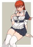  1girl alternate_costume apron black_dress breasts brown_eyes brown_hair detached_collar dress enmaided highres kantai_collection large_breasts long_hair looking_at_viewer maid maid_headdress mochizou ooi_(kancolle) sitting solo thighhighs white_apron white_thighhighs 