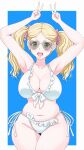  1girl armpits arms_up bikini blonde_hair blue_background bow breasts carol_olston double_v green_eyes hair_bow heart heart-shaped_eyewear highres large_breasts midriff navel osage_gankyou pink_bow side-tie_bikini_bottom sunglasses swimsuit thighs tomo-chan_wa_onna_no_ko twintails v white_bikini 
