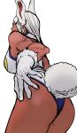  1girl absurdres animal_ears ass boku_no_hero_academia breasts commentary_request dark-skinned_female dark_skin gaku_(ququlg) gloves highres large_breasts leotard long_hair mirko rabbit_ears rabbit_girl rabbit_tail red_eyes solo tail thighs white_gloves white_hair 