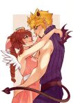  1boy 1girl aerith_gainsborough ahoge angel_wings arms_around_neck arms_around_waist artist_name bare_arms bare_shoulders belt blonde_hair blue_eyes border braid braided_ponytail breasts brown_belt brown_hair closed_mouth cloud_strife couple cowboy_shot demon_horns demon_tail demon_wings dress final_fantasy final_fantasy_vii final_fantasy_vii_remake green_eyes grey_background hair_between_eyes hair_bobbles hair_ornament halloween hetero horns kurohyn long_dress looking_at_another materia medium_breasts mini_wings pants parted_bangs pink_dress purple_pants purple_shirt shirt short_hair sidelocks single_braid sleeveless sleeveless_dress sleeveless_turtleneck smile spiked_hair tail turtleneck white_border white_wings wings 