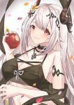  1girl apple arknights bangs bare_arms bare_shoulders black_choker breasts choker cleavage closed_mouth commentary flower food fruit hair_flower hair_ornament hand_up highres holding holding_food holding_fruit horns jewelry large_breasts long_hair looking_at_viewer mudrock_(arknights) mudrock_(silent_night)_(arknights) necklace petals pointy_ears red_eyes smile solo stomach tsuyuki_yuki upper_body very_long_hair white_hair yellow_flower 