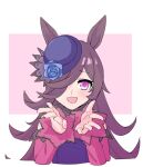  1girl :d animal_ears ayuuuuuu blue_flower blue_rose blush dress flower hair_over_one_eye hands_up hat horse_ears long_hair long_sleeves looking_at_viewer off-shoulder_dress off_shoulder open_mouth pink_eyes purple_headwear rice_shower_(umamusume) rose smile solo uma_pyoi_densetsu umamusume upper_body 