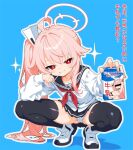  1girl ahoge bar_censor black_sailor_collar black_thighhighs blue_archive blush cameltoe cardigan censored censored_identity closed_mouth drinking_straw drinking_straw_in_mouth halo hanako_(blue_archive) holding holding_milk_carton long_hair long_sleeves looking_at_viewer milk_carton mutsuse natsu_(blue_archive) neckerchief panties pantyshot pink_hair pink_halo pleated_skirt red_eyes red_neckerchief sailor_collar school_uniform shirt side_ponytail simple_background skirt smile solo squatting thighhighs translation_request trinity_general_school_logo underwear white_cardigan 