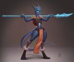  2022 2_horns anthro biped blue_body blue_eyes blue_scales bottomwear clothed clothing digitigrade female hi_res holding_object holding_weapon horn loincloth scales scalie simple_background solo staff topwear w4g4 weapon 