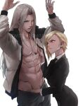  1boy 1girl abs alternate_costume aqua_eyes arms_up asymmetrical_bangs bangs black_jacket black_pants blonde_hair couple elena_(ff7) final_fantasy final_fantasy_vii final_fantasy_xv formal grey_hair hand_in_pants hand_on_another&#039;s_chest hetero highres jacket long_hair muscular muscular_male necktie open_clothes open_shirt orange_eyes pants parted_bangs parted_lips sephiroth shirt short_hair spykeee suit track_jacket white_background white_shirt 