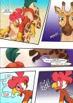  absurd_res anthro avian balls bird breasts butt chicken comic dialogue digital_media_(artwork) duo erection galliform gallus_(genus) genitals giraffe giraffid hi_res male male/male mammal nude penis phasianid simple_background text zaryuzu_73 