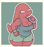 2024 absurd_res anthro athletic_wear aubrey_(moogers) belly border bottle bottomwear breasts cleavage clothed clothing container eyes_closed female gym_bottomwear gym_shorts hi_res kobold moogers red_body scalie shirt short_tail shorts simple_background slightly_chubby slightly_chubby_anthro slightly_chubby_female solo tail tank_top thick_thighs topwear water_bottle white_border