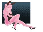 2021 black_clothing bunny_costume clothing costume digital_drawing_(artwork) digital_media_(artwork) dripping female footwear glowyskull goo_creature hair hi_res high_heels humanoid long_hair nikki_(glowyskull) pink_body pink_eyes pinup pose shoes smile solo translucent translucent_body