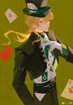  1boy absurdres ace_(playing_card) ace_of_diamonds ace_of_spades alkaid_mcgrath alkaid_mcgrath_(whirling_whimsical_troupe) belt black_belt black_hat black_jacket black_pants black_shirt blonde_hair card chinese_commentary closed_mouth club_(shape) collared_jacket cowboy_shot cropped_jacket diamond-shaped_earrings diamond_(shape) earrings floating_card gloves green_background green_necktie hair_between_eyes hand_on_own_chest hand_on_own_hip hat hat_ornament heart highres jacket jewelry lapel_pin light_smile long_hair long_sleeves looking_at_viewer lovebrush_chronicles male_focus necktie official_alternate_costume open_clothes open_jacket pants playing_card playing_card_hat_ornament popped_collar shirt sideways_glance simple_background sleeve_garter solo spade_(shape) standing top_hat turtleneck turtleneck_shirt undershirt untucked_shirt watermark weibo_watermark white_gloves white_shirt yaqing 