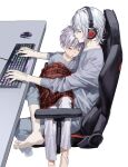  2boys absurdres barefoot blanket chair chamuring closed_eyes copyright_request gaming_chair grey_background grey_hair headphones highres keyboard_(computer) lower_teeth male_focus mouse_(computer) multiple_boys on_lap open_mouth plaid plaid_blanket pointy_ears red_eyes rgb_lights simple_background sitting sketch sleeping sleeping_on_person teeth tongue vampire 