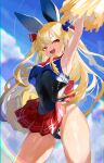  1girl aano_(10bit) armpits arms_up black_leotard blonde_hair cheering cheerleader clothes_lift fang hair_ribbon highres leotard long_hair open_mouth original pointy_ears pom_pom_(cheerleading) rabbit_tail red_eyes ribbon skirt skirt_lift sleeveless solo sweat tail thighs twintails 