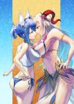  2girls after_kiss armlet ass asymmetrical_docking bare_shoulders bikini blue_bikini blue_eyes blue_hair blue_swimsuit breast_press breasts cleavage cleavage_cutout clothing_cutout curled_horns eye_contact fire_emblem fire_emblem_heroes flower flower_necklace freyja_(fire_emblem) goat_horns grey_hair hand_on_hip highres horns ice_horns juunishi_aya large_breasts looking_at_another medium_breasts multiple_girls navel nifl_(fire_emblem) official_alternate_costume official_alternate_hairstyle ponytail red_eyes red_horns saliva saliva_trail side-tie_bikini swimsuit thorns two-tone_bikini two-tone_swimsuit white_bikini white_swimsuit yuri 
