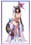  $hu 1girl absurdres animal_ear_fluff animal_ears bangs bare_legs bare_shoulders barefoot bikini black_hair blue_archive blush breasts brown_eyes brown_hair cleavage cocktail cocktail_glass collarbone cup drinking_glass flower fox_ears fox_girl fox_mask fox_tail full_body hair_flower hair_ornament halo highres jewelry large_breasts long_hair looking_at_viewer mask mask_on_head navel sitting smile solo string_bikini swimsuit tail very_long_hair wakamo_(blue_archive) wakamo_(swimsuit)_(blue_archive) 