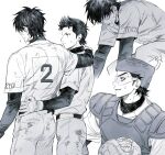  2boys ace_of_diamond arm_around_shoulder arm_around_waist baseball_helmet baseball_mitt baseball_uniform chest_protector commentary_request corrupted_twitter_file dirty dirty_clothes from_behind greyscale helmet highres kuramochi_youichi looking_at_another male_focus miyuki_kazuya monochrome multiple_boys multiple_views short_hair sideburns sportswear sweat zechengm19 