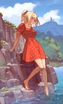  1girl bangs barefoot blonde_hair blue_eyes blue_scrunchie blue_sky breasts cloud collarbone day dress elf english_commentary feet frog full_body hair_ornament hair_scrunchie high_ponytail highres medium_breasts medium_hair mountain mountainous_horizon original outdoors pointy_ears pond puffy_short_sleeves puffy_sleeves red_dress scenery scrunchie short_sleeves sidelocks sky solo standing sunlight timbougami toes 