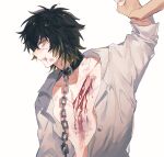  1boy absurdres arm_up black_hair bleeding blood brown_hair bruise chain collar cuts highres holding_another&#039;s_arm injury male_focus medium_hair messy_hair nocolour scar scar_on_arm scar_on_chest scar_on_face scar_on_mouth shirt simple_background slow_damage towa_(slow_damage) upper_body white_background white_shirt yellow_eyes 