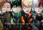  4boys bakugou_katsuki black_choker black_gloves blonde_hair blue_eyes bodysuit boku_no_hero_academia brown_gloves brown_hair burn_scar choker english_text eyewear_on_head facepaint facial_mark fingerless_gloves foreground_text freckles gloves goggles goggles_on_head green_bodysuit green_eyes green_hair grey_eyes heterochromia jewelry lineup looking_at_viewer male_focus midoriya_izuku multicolored_hair multiple_boys naruse_(naru_224s) necklace open_mouth orange_eyes red_gloves red_hair rody_soul scar scar_on_face scowl spiked_hair split-color_hair todoroki_shouto two-tone_hair white_hair zipper_pull_tab 