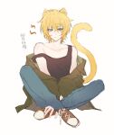  absurdres animal_ears black_shirt cat_ears cat_tail collarbone denim full_body highres looking_at_viewer messy_hair nocolour shirt shoes short_hair simple_background slow_damage sneakers solo tail towa_(slow_damage) white_background yellow_eyes 