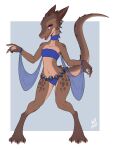  2020 absurd_res anthro blue_bottomwear blue_clothing blue_topwear bottomwear brown_body brown_scales claws clothed clothing dancer_outfit female flat_chested front_view full-length_portrait hi_res kobold midriff pink_eyes portrait pupils scales scalie slit_pupils solo standing topwear w4g4 