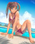  1girl arm_support bikini blue_eyes breasts brown_hair climbing highres knee_up legs legs_apart long_hair navel original outdoors pink_bikini pool poolside scrunchie small_breasts smile solo swimsuit tan tanlines thighs twintails uzuki_mei wet wet_clothes wet_swimsuit 