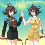  2girls arm_ribbon bare_arms black_jacket black_skirt blue_ribbon breasts brown_hair curly_hair final_fantasy final_fantasy_viii green_background green_eyes hair_between_eyes happy_birthday high_five holding holding_nunchaku holding_weapon jacket jewelry long_sleeves looking_at_another medium_breasts medium_hair miniskirt multiple_girls necklace necktie nunchaku official_alternate_costume open_mouth ribbon school_uniform selphie_tilmitt shiko_jumpa skirt smile star_(symbol) upper_body weapon yellow_overalls 