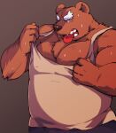  2022 absurd_res anthro arufina_w bodily_fluids bottomwear brown_body brown_fur clothing fur hi_res humanoid_hands kemono male mammal overweight overweight_male pants shirt simple_background solo sweat tongue tongue_out topwear ursid 