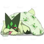 ^w^ ambiguous_gender anthro bedding black_claws blanket blush claws digital_media_(artwork) dipstick_ears ear_markings felid feline floragato fur generation_9_pokemon green_body green_fur green_tail mammal mask meowscarada multicolored_ears nintendo one_eye_closed open_mouth open_smile owo paws pink_eyes pokemon pokemon_(species) signature simple_background smile solo spiral spiral_eyes tail tontaro waking_up watermark white_background
