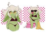 ahoge big_ears bikini bubble_gum clothing digital_drawing_(artwork) digital_media_(artwork) fangs female glowyskull goblin green_body hair heart_ahoge heart_sunglasses humanoid humanoid_pointy_ears multiple_poses pointy_ears pose red_clothing short_stack solo spots swimwear teeth two-piece_swimsuit white_hair yellow_sclera