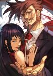  1boy 1girl bangs beard black_hair blood breasts brown_hair choker couple dress facial_hair glasses guilty_gear height_difference hungry_clicker husband_and_wife long_hair looking_at_viewer monocle mustache necktie outstretched_hand red_dress red_eyes shaded_face sharon_(guilty_gear) sideburns slayer_(guilty_gear) swept_bangs 